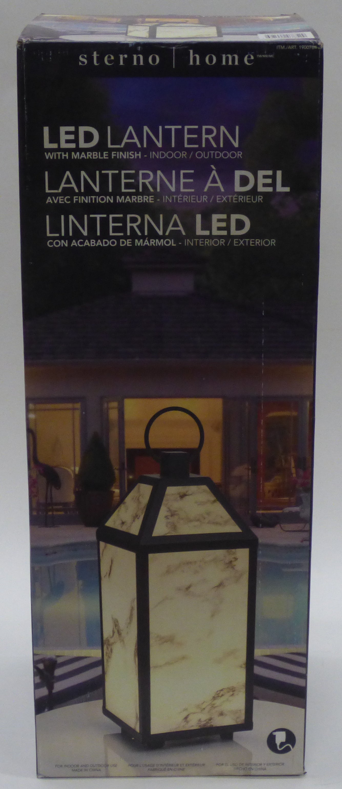 sterno home led lantern with marble finish retail box front