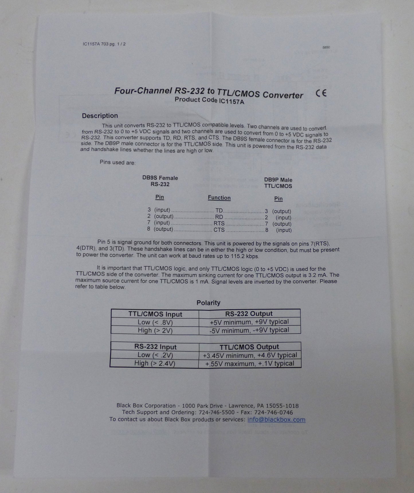 black box async rs-232 to 5v ttl interface converter owner manual