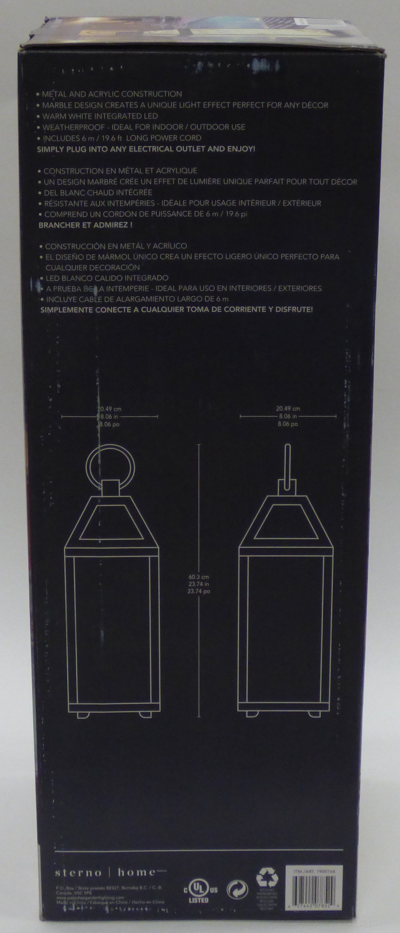 sterno home led lantern with marble finish retail box detail side