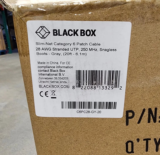 50 Pack 20ft Gray Black Box Slim-Net Cat 6A Patch Cable 28AWG UTP Snagless