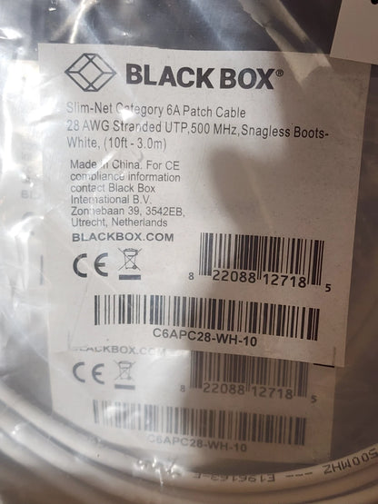50 Pack 10ft White Black Box Slim-Net Cat 6A Patch Cable 28AWG UTP Snagless