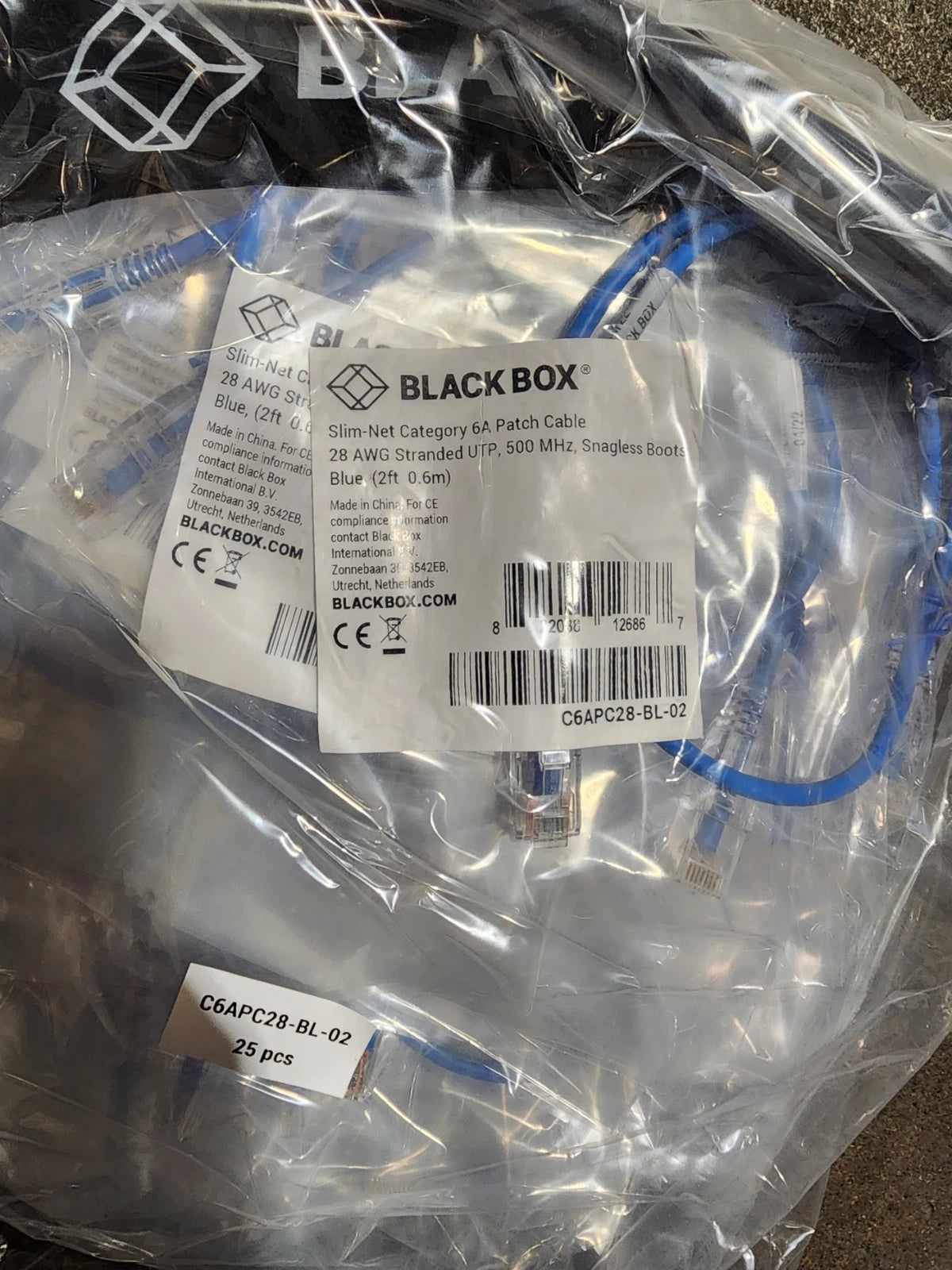 100 Pack 2ft Blue Black Box Slim-Net Cat 6A Patch Cable 28AWG UTP Snagless