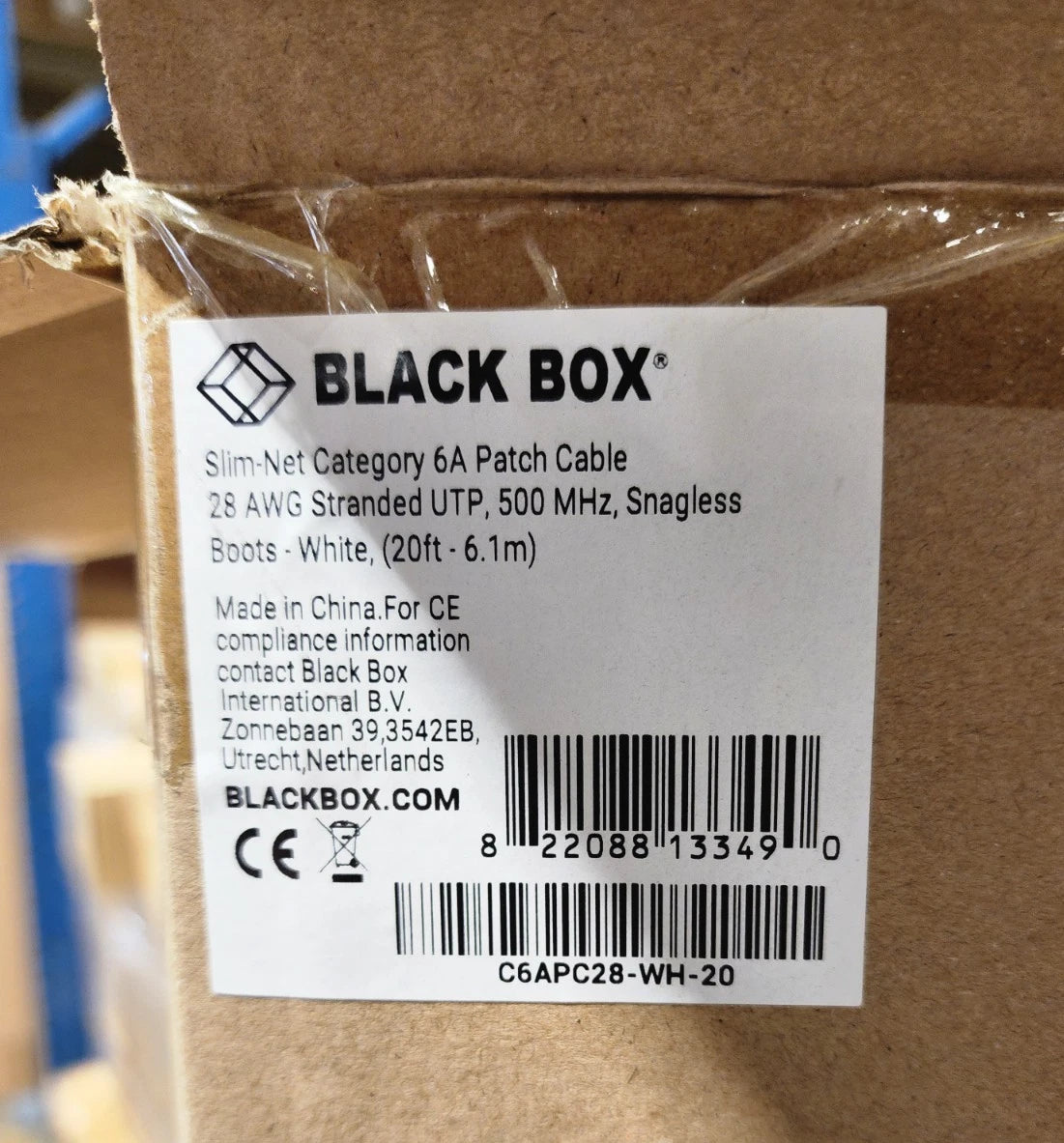 50 Pack 20ft White Black Box Slim-Net Cat 6A Patch Cable 28AWG UTP Snagless