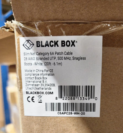 50 Pack 20ft White Black Box Slim-Net Cat 6A Patch Cable 28AWG UTP Snagless