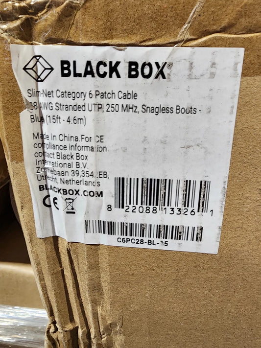 50 Pack 15ft Blue Black Box Slim-Net Cat 6A Patch Cable 28AWG UTP Snagless