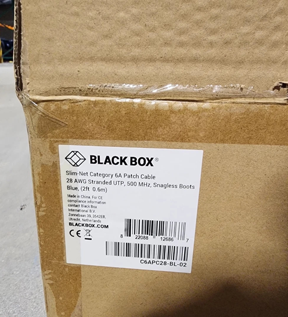 100 Pack 2ft Blue Black Box Slim-Net Cat 6A Patch Cable 28AWG UTP Snagless