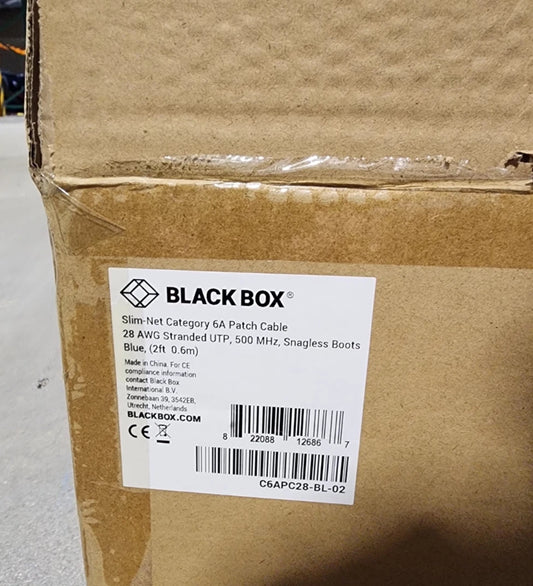 100 Pack 2ft Blue Black Box Slim-Net Cat 6A Patch Cable 28AWG UTP Snagless