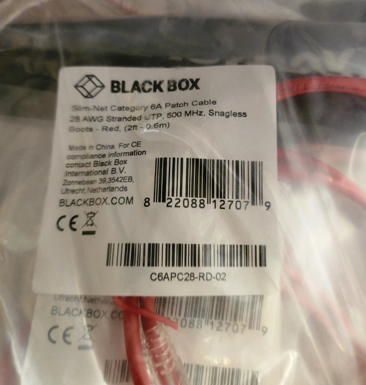 100 Pack 2ft Red Black Box Slim-Net Cat 6A Patch Cable 28AWG UTP Snagless