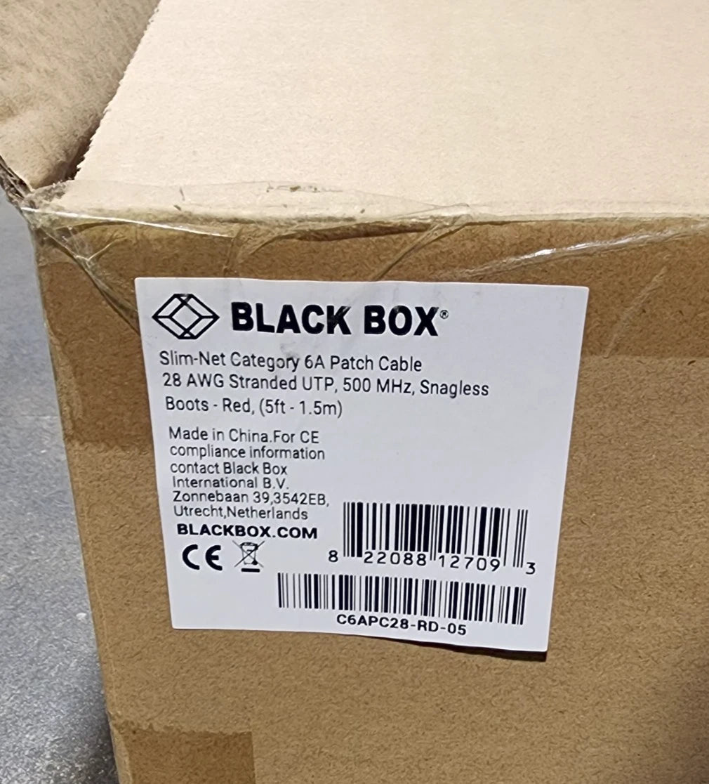 50 Pack 5ft Red Black Box Slim-Net Cat 6A Patch Cable 28AWG UTP Snagless