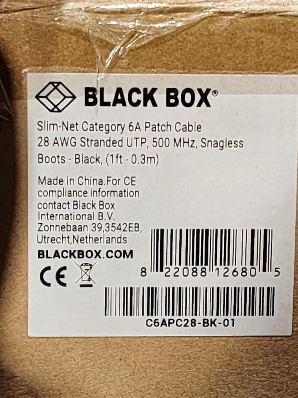 100 Pack 1ft Black Black Box Slim-Net Cat 6A Patch Cable 28AWG UTP Snagless