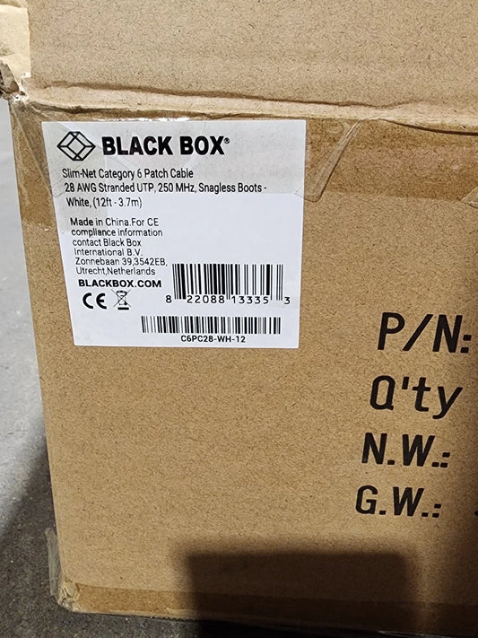 50 Pack 12ft White Black Box Slim-Net Cat 6A Patch Cable 28AWG UTP Snagless