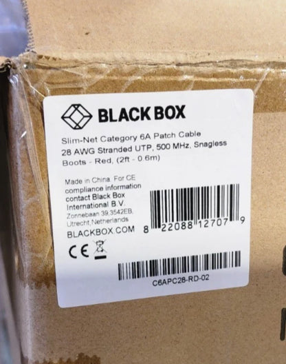 100 Pack 2ft Red Black Box Slim-Net Cat 6A Patch Cable 28AWG UTP Snagless